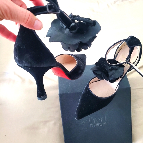 Christian Louboutin Black Suede, Flower Ankle Strap, Red Bottom, 3" Heels. 36.5 - Picture 4 of 10